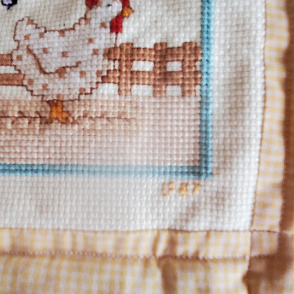VTG Embroidered Baby Quilt 33x42 Cross Stitch 1980s Farm Animals Gingham Crib